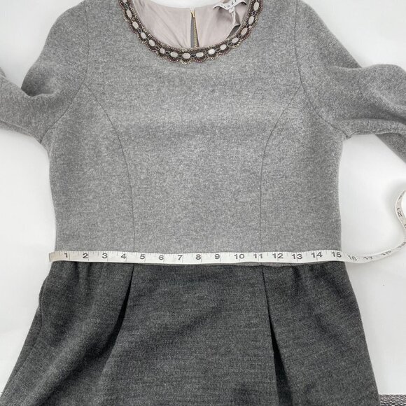 Sandro Gray Wool Cashmere Blend Long Sleeve Dress Womens 8 Embellished Neckline - Picture 9 of 13